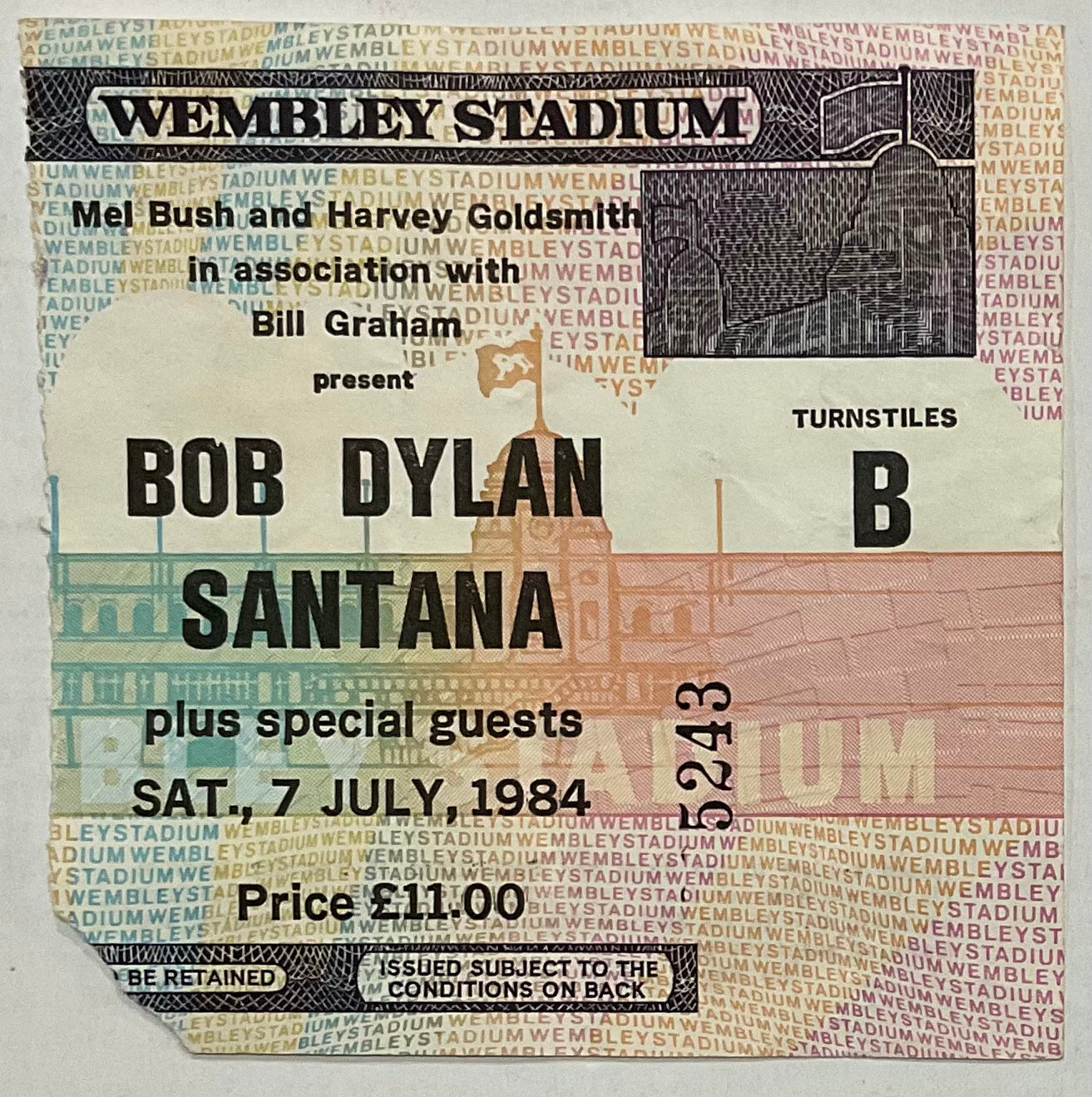 Bob Dylan Santana Original Used Concert Ticket Wembley Stadium London 7th Jul 1984