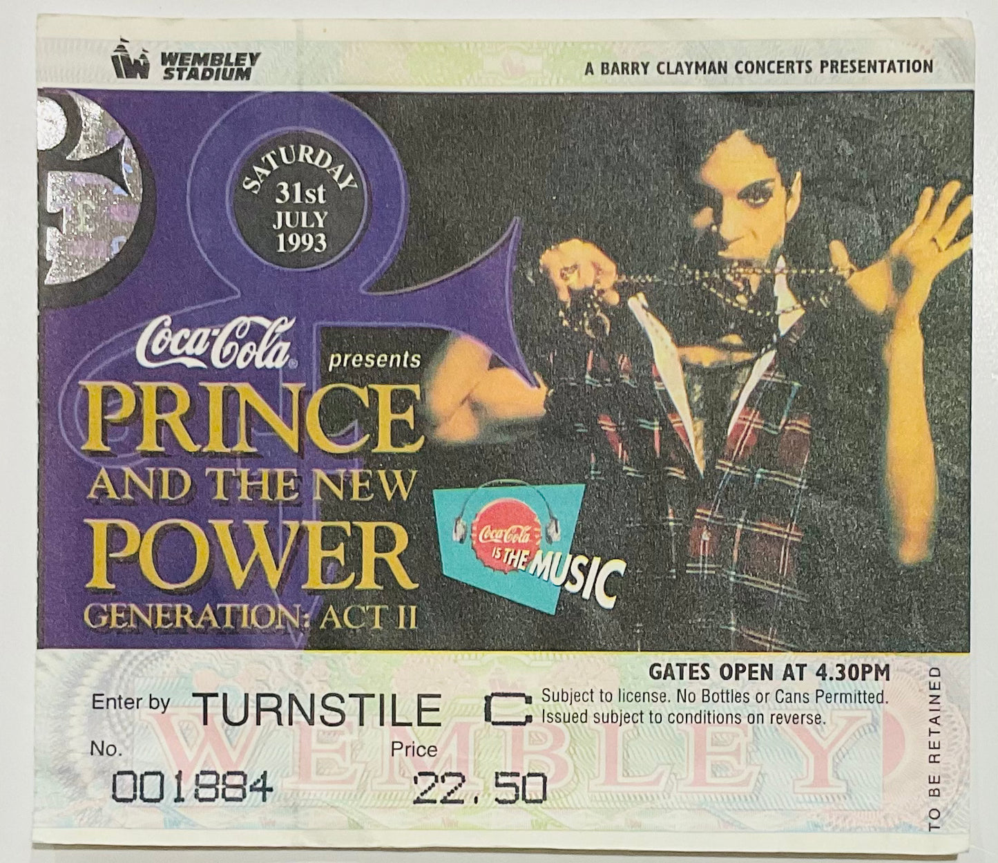 Prince Original Used Concert Ticket Wembley London 31st July 1993