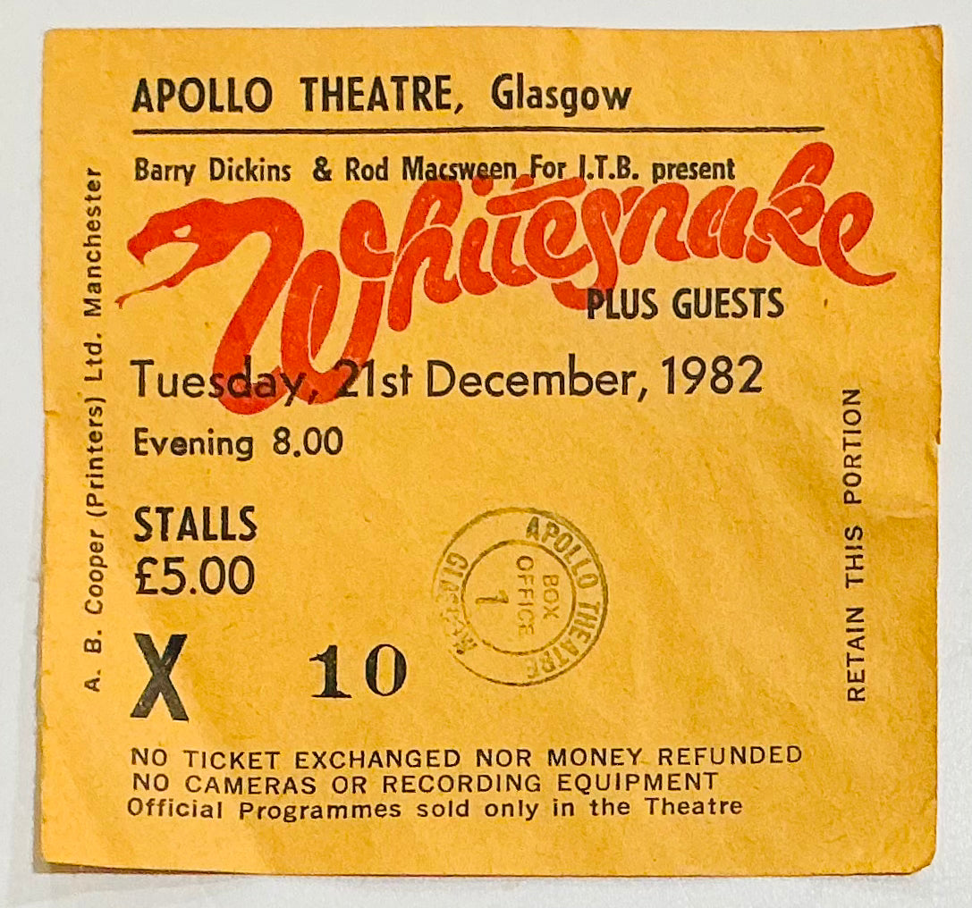 Whitesnake Original Used Concert Ticket Apollo Theatre Glasgow 21st Dec 1982
