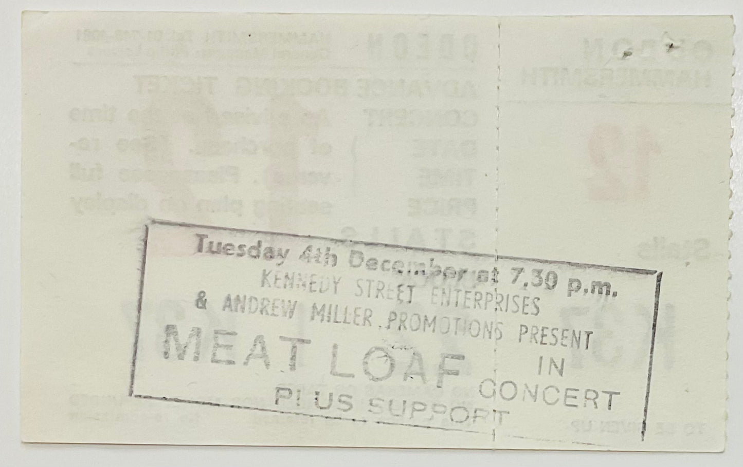 Meat Loaf Original Unused Concert Ticket Hammersmith Odeon London 4th Dec 1984