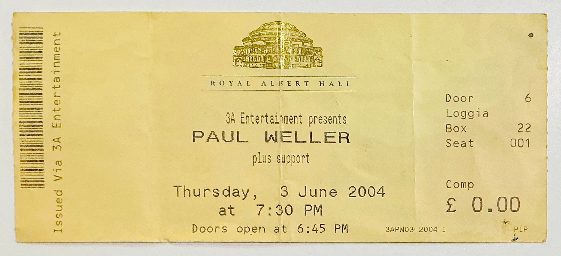Jam Paul Weller Original Concert Ticket Royal Albert Hall London 3rd Jun 2004