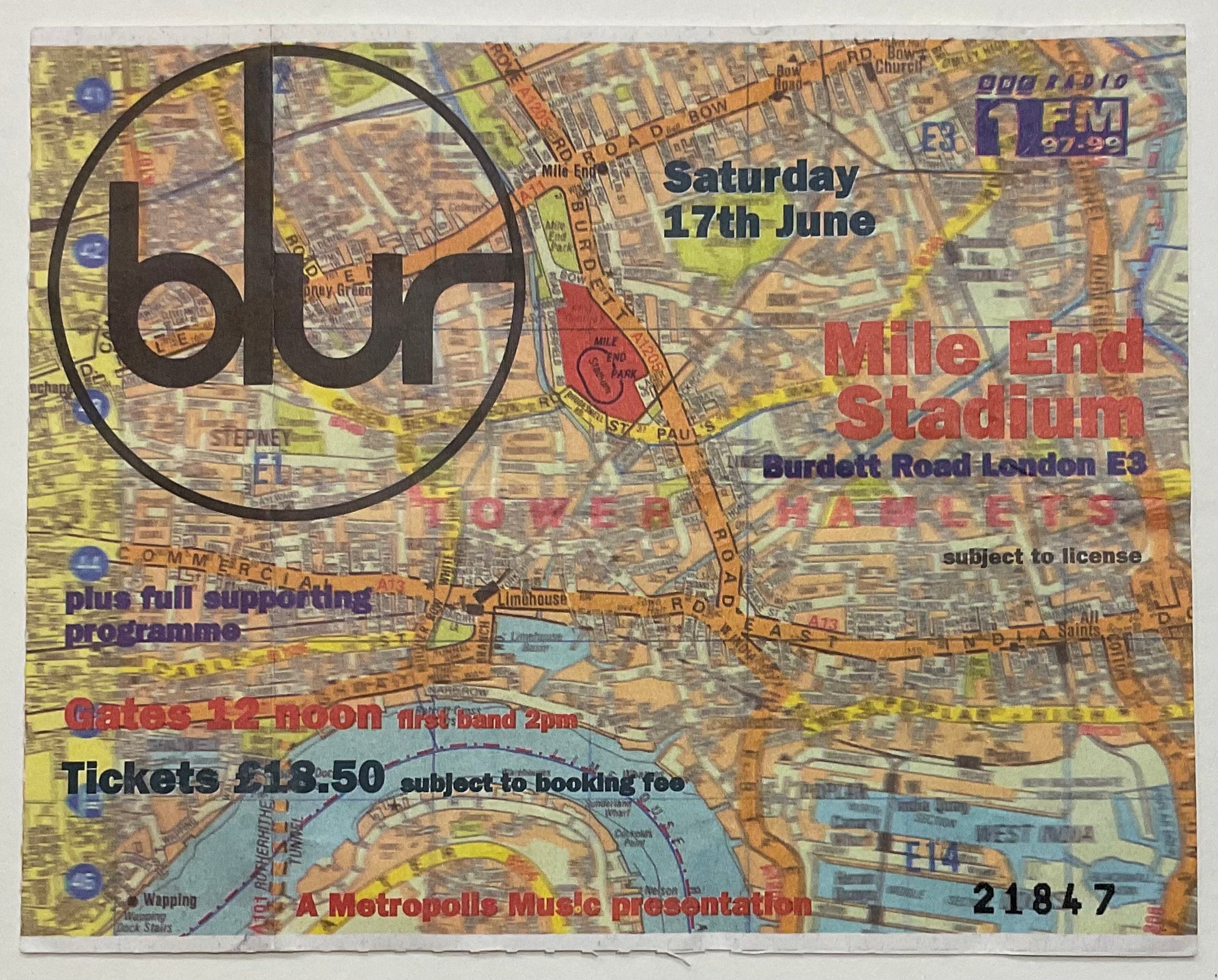 Blur Original Used Concert Ticket Mile End Stadium London 17th Jun 1995