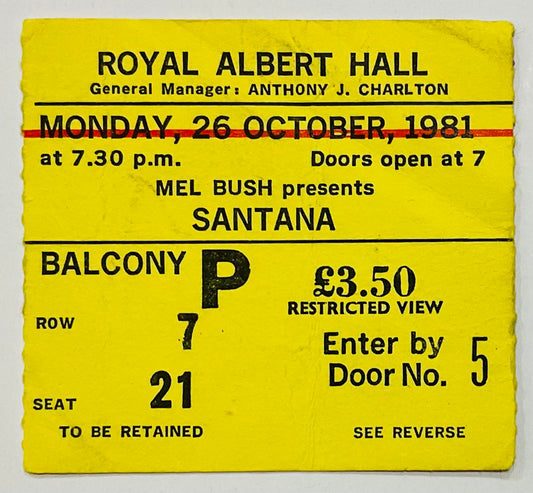 Santana Original Used Concert Ticket Royal Albert Hall London 26th Oct 1981