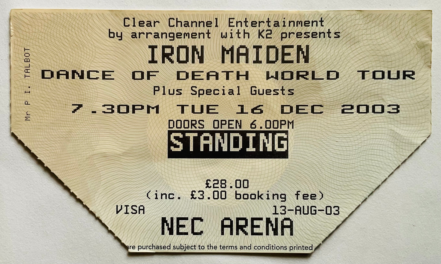 Iron Maiden Original Used Concert Ticket NEC Arena Birmingham 16th Dec 2003