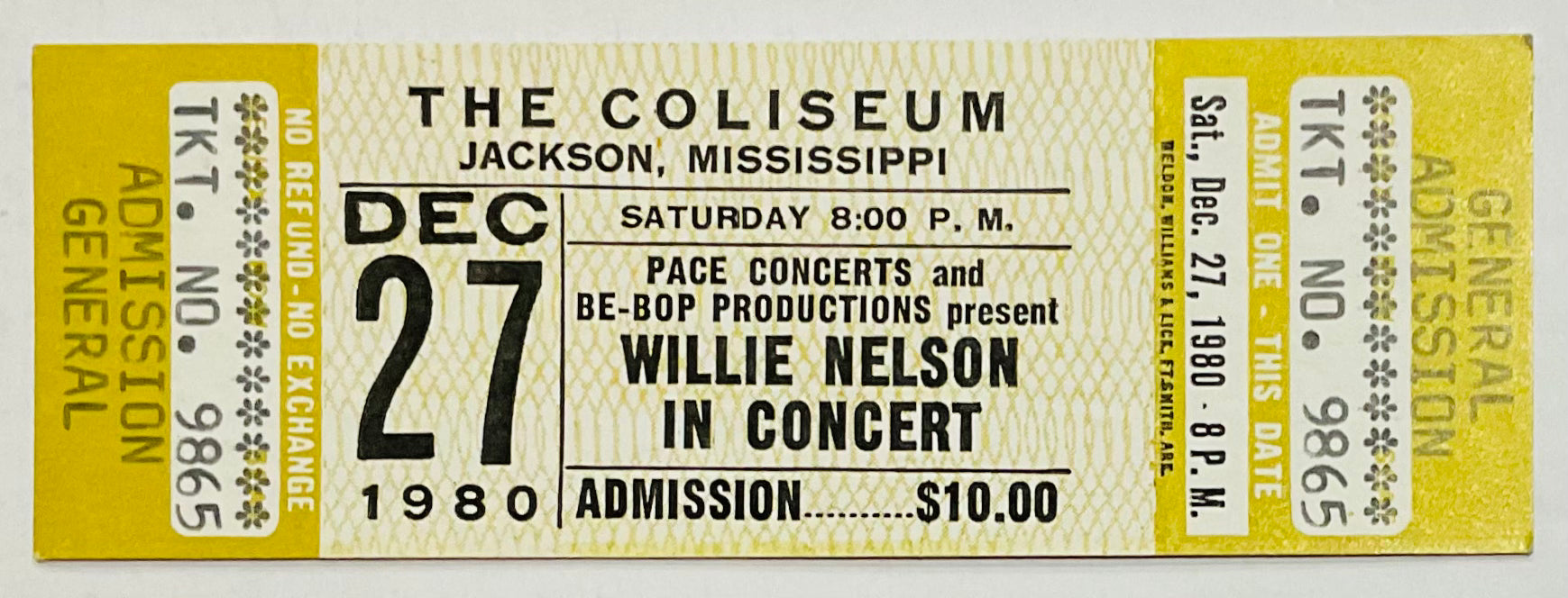 Willie Nelson Original Unused Concert Ticket Coliseum Mississippi 27th Dec 1980