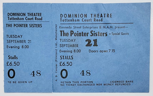 Pointer Sisters Original Unused Concert Ticket Dominion Theatre London 21st Sep 1982