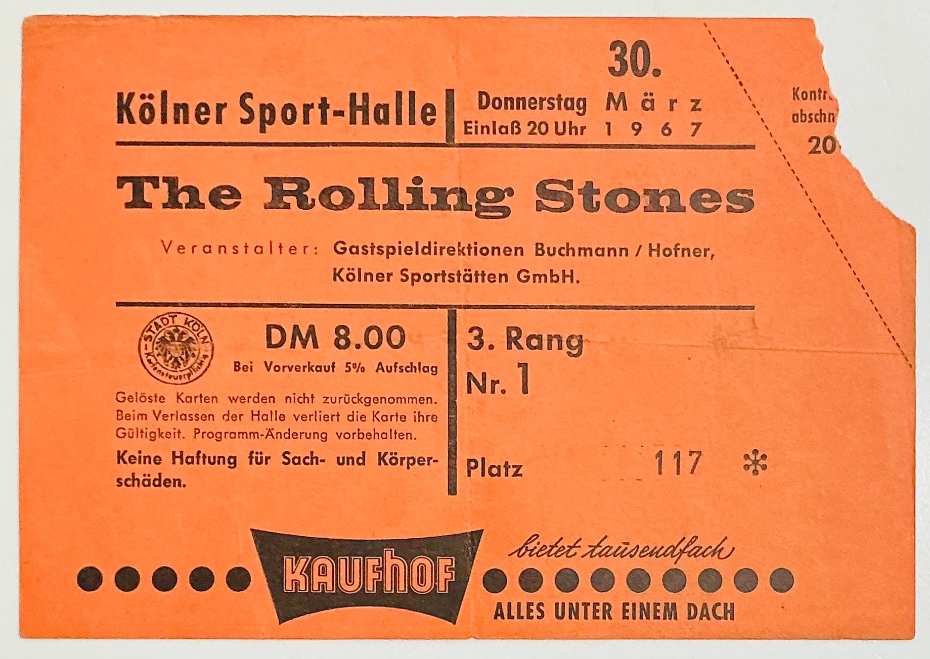 Rolling Stones Original Used Concert Ticket Sport Halle Colgne 30th Mar 1967