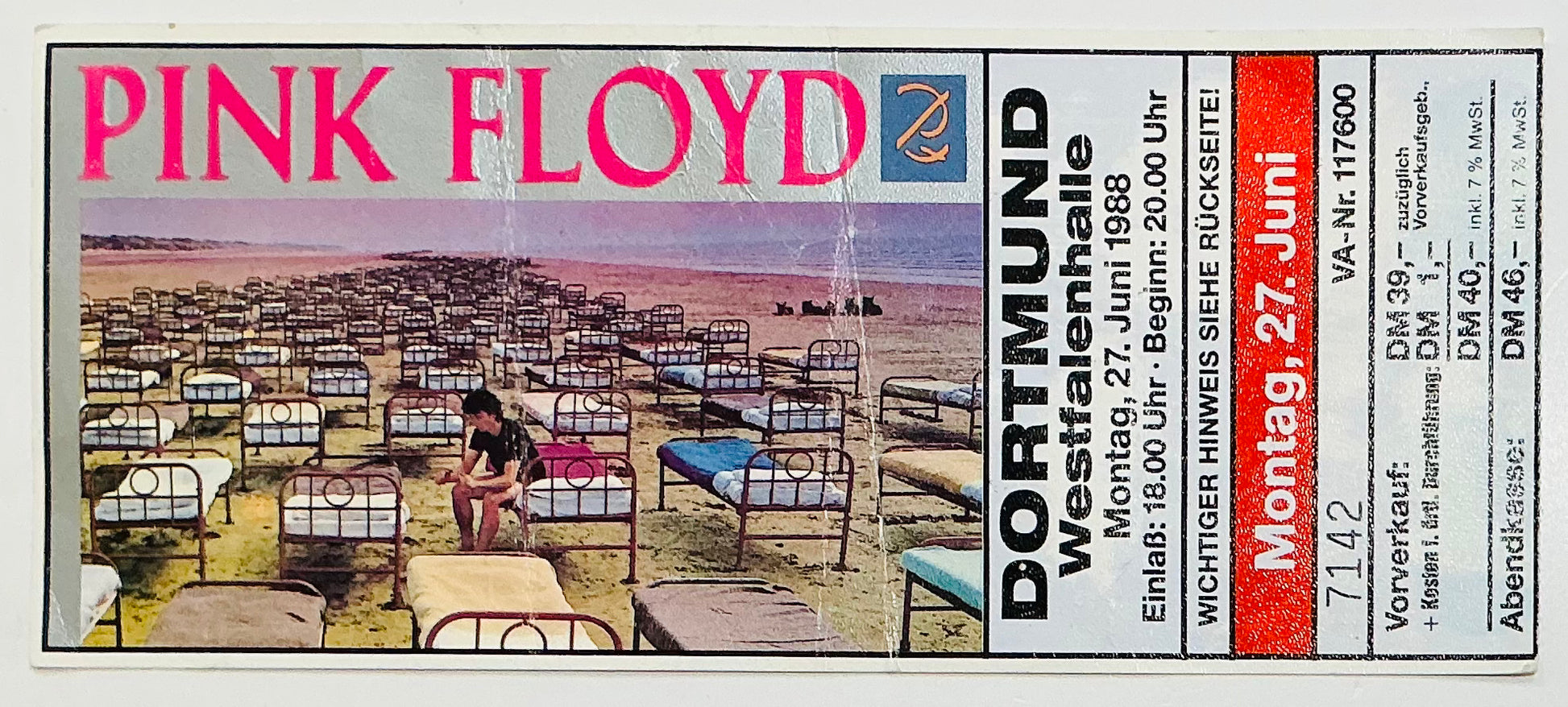 Pink Floyd Original Used Concert Ticket Westfalenhalle Dortmund 27th Jun 1988