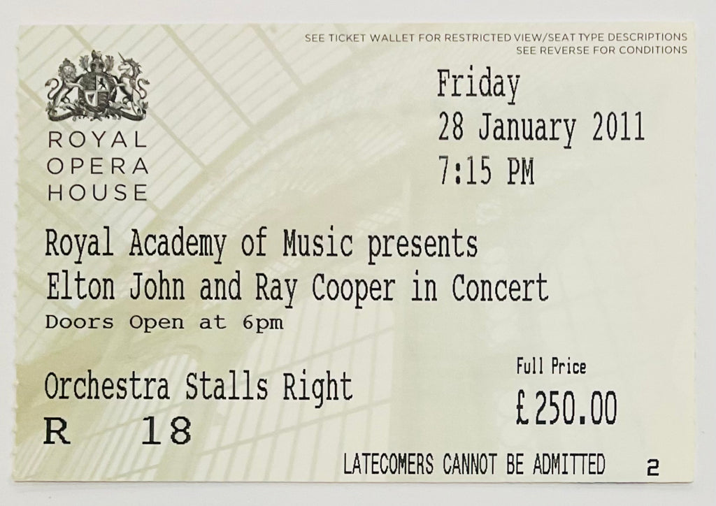 Elton John Original Used Concert Ticket Royal Opera House London 28th Jan 2011