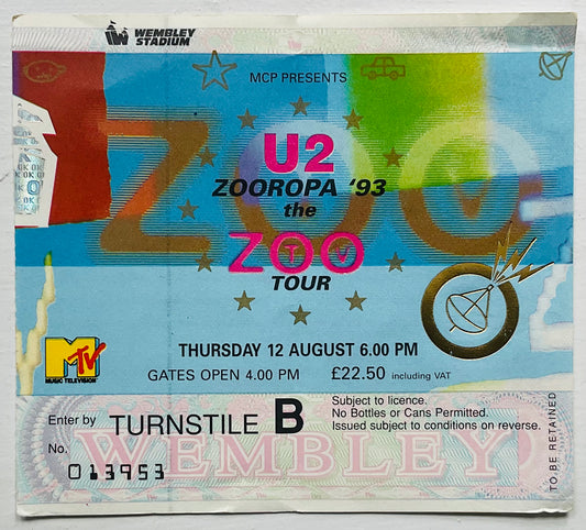 U2 Original Used Concert Ticket Wembley Stadium London 12th Aug 1993