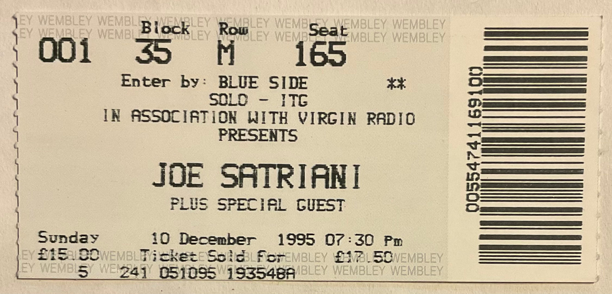 Joe Satriani Original Used Concert Ticket Wembley Arena London 10th Dec 1995