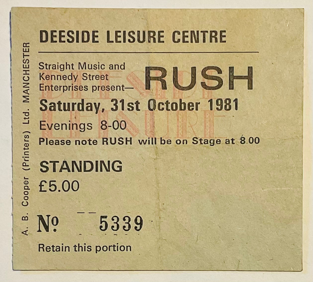 Rush Original Used Concert Ticket Deeside Leisure Centre 31st Oct 1981