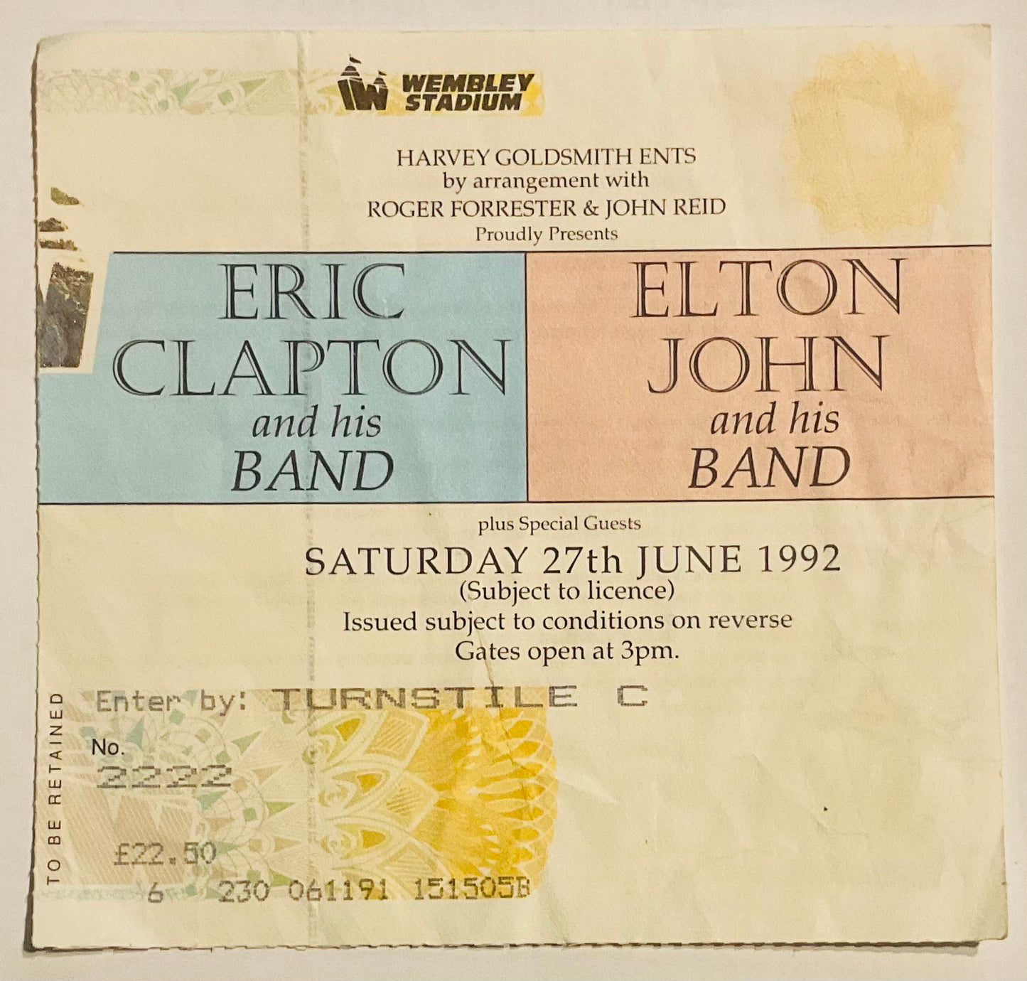 Eric Clapton Elton John Original Used Concert Ticket Wembley Stadium London 27th June 1992