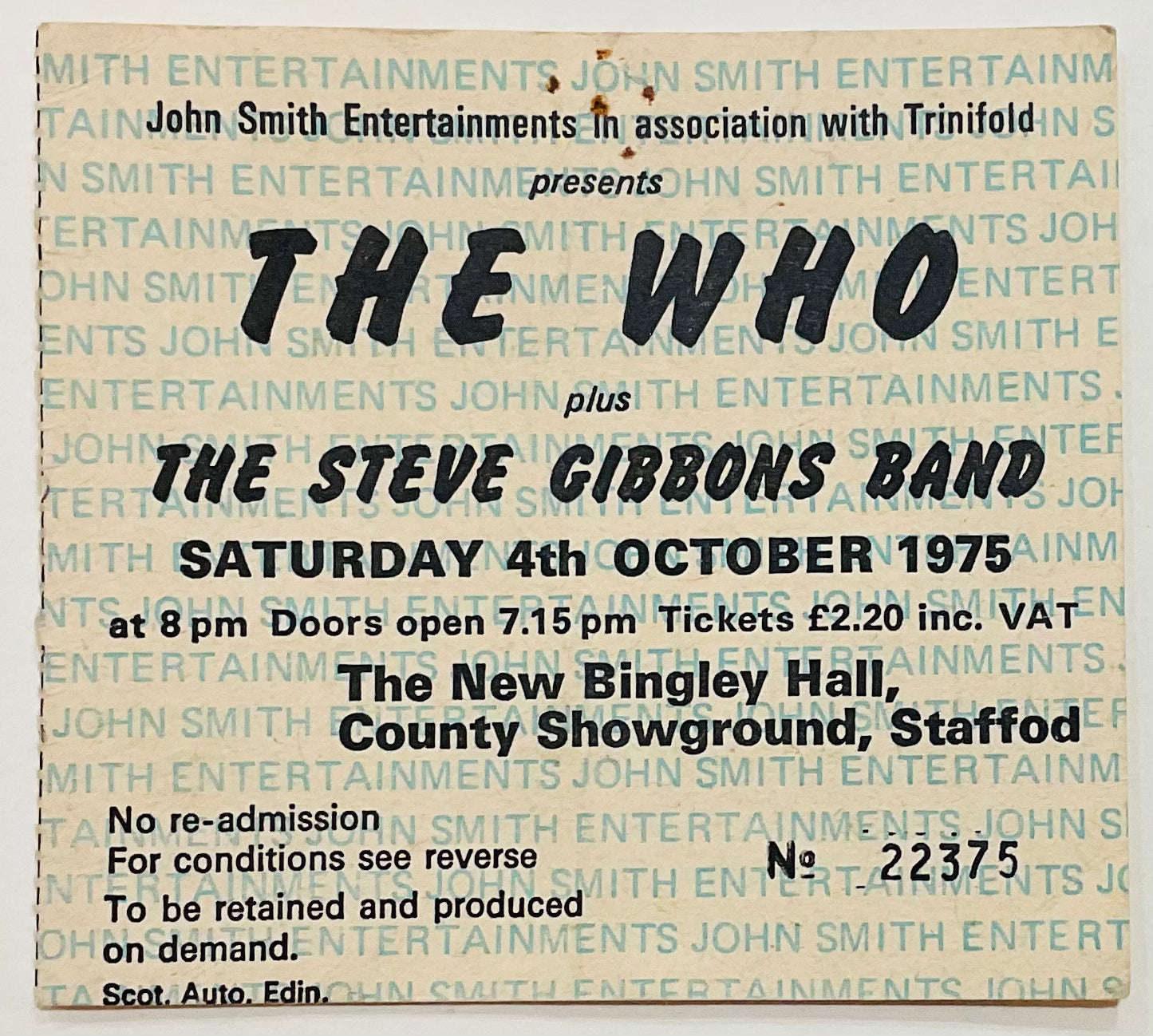 Who Original Used Concert Ticket New Bingley Hall Stafford 4th Oct 1975