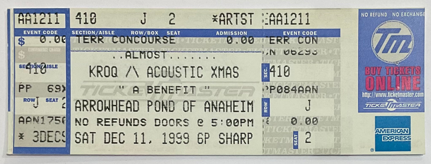 Oasis Foo Fighters Original Unused Concert Ticket Arrowhead Pond of Anaheim 11th Dec 1999