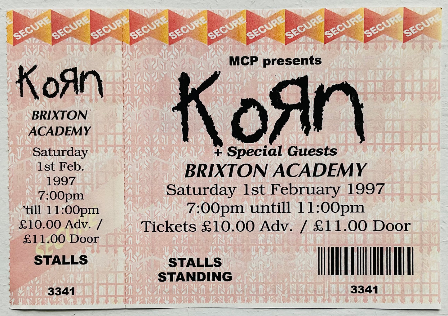 Korn Original Unused Concert Ticket Brixton Academy London 1st Feb 1997