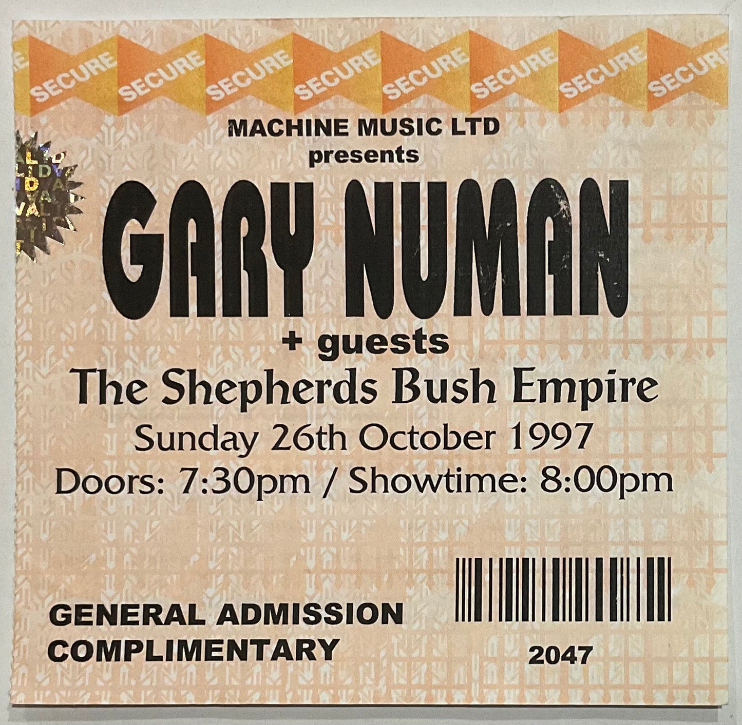 Gary Numan Original Used Concert Ticket Shepherds Bush Empire London 26th Oct 1997