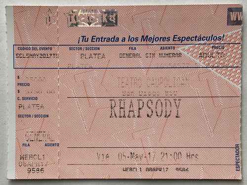 Rhapsody Original Used Concert Ticket Teatro Caupolican Santiago 5th May 2017