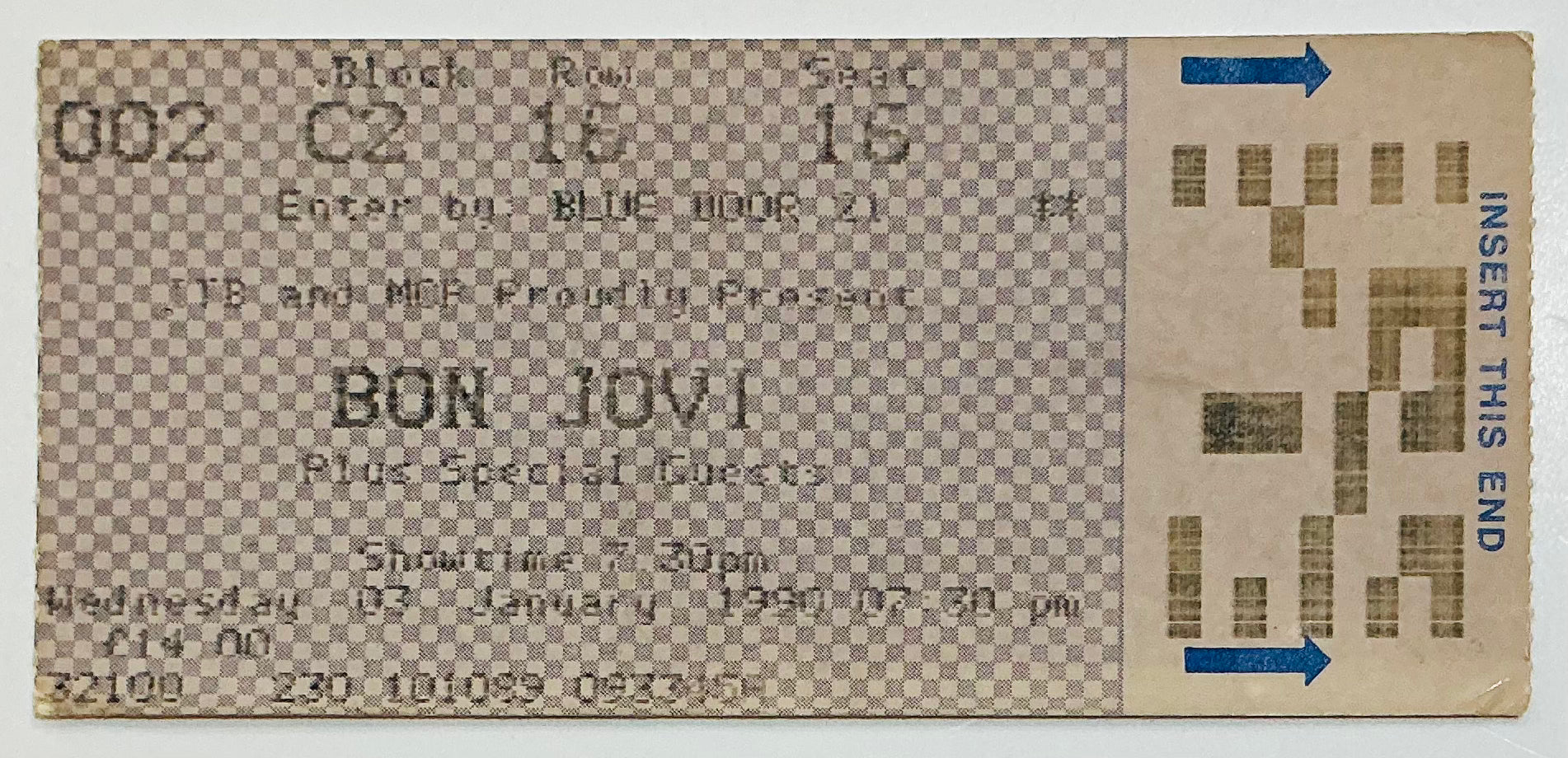 Bon Jovi Original Used Concert Ticket Wembley Arena London 3rd Jan 1990