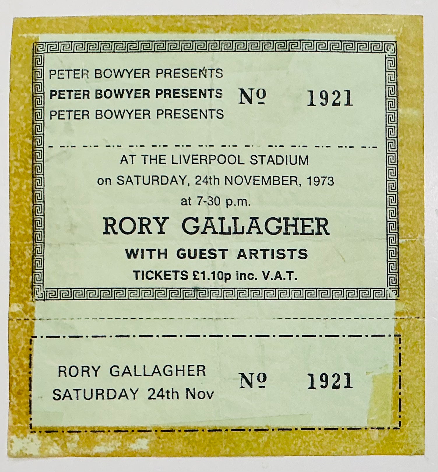 Rory Gallagher Original Unused Concert Ticket Liverpool Stadium 24th Nov 1973
