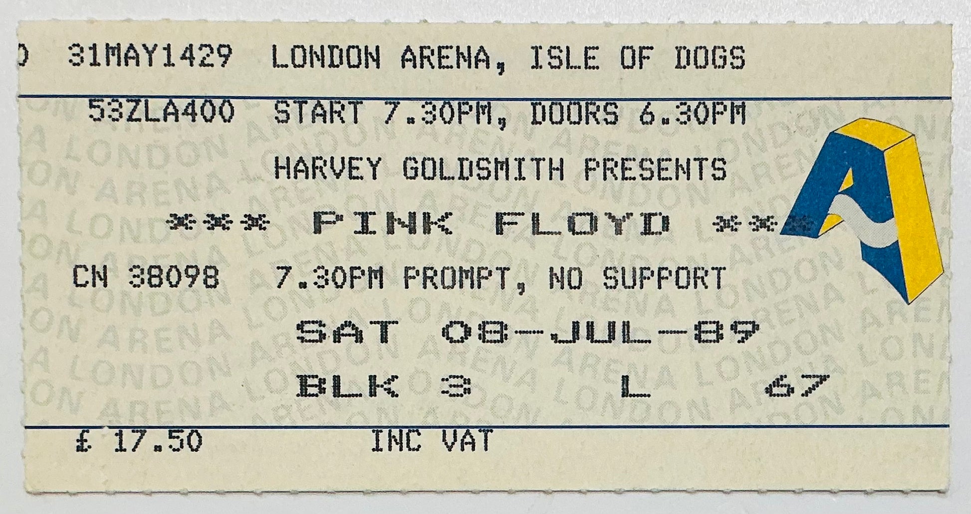 Pink Floyd Original Used Concert Ticket London Arena 8th July 1989
