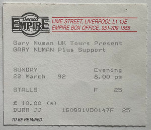 Gary Numan Original Used Concert Ticket Empire Theatre Liverpool 22nd Mar 1992