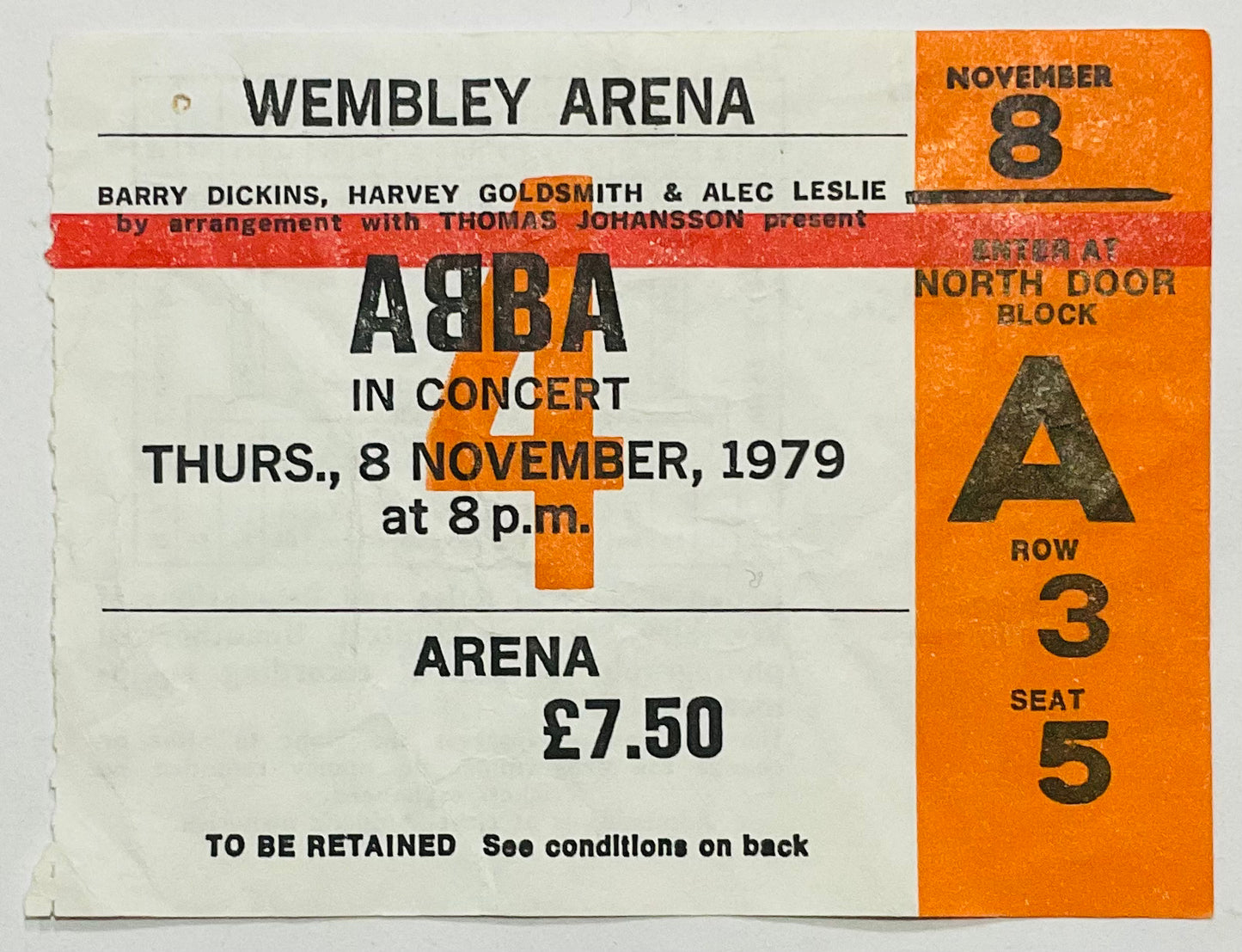 ABBA Original Used Concert Ticket Wembley Arena London 8th Nov 1979