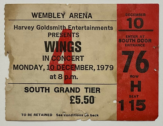 Beatles Paul McCartney Wings Original Used Ticket Wembley Arena London 10th Dec 1979