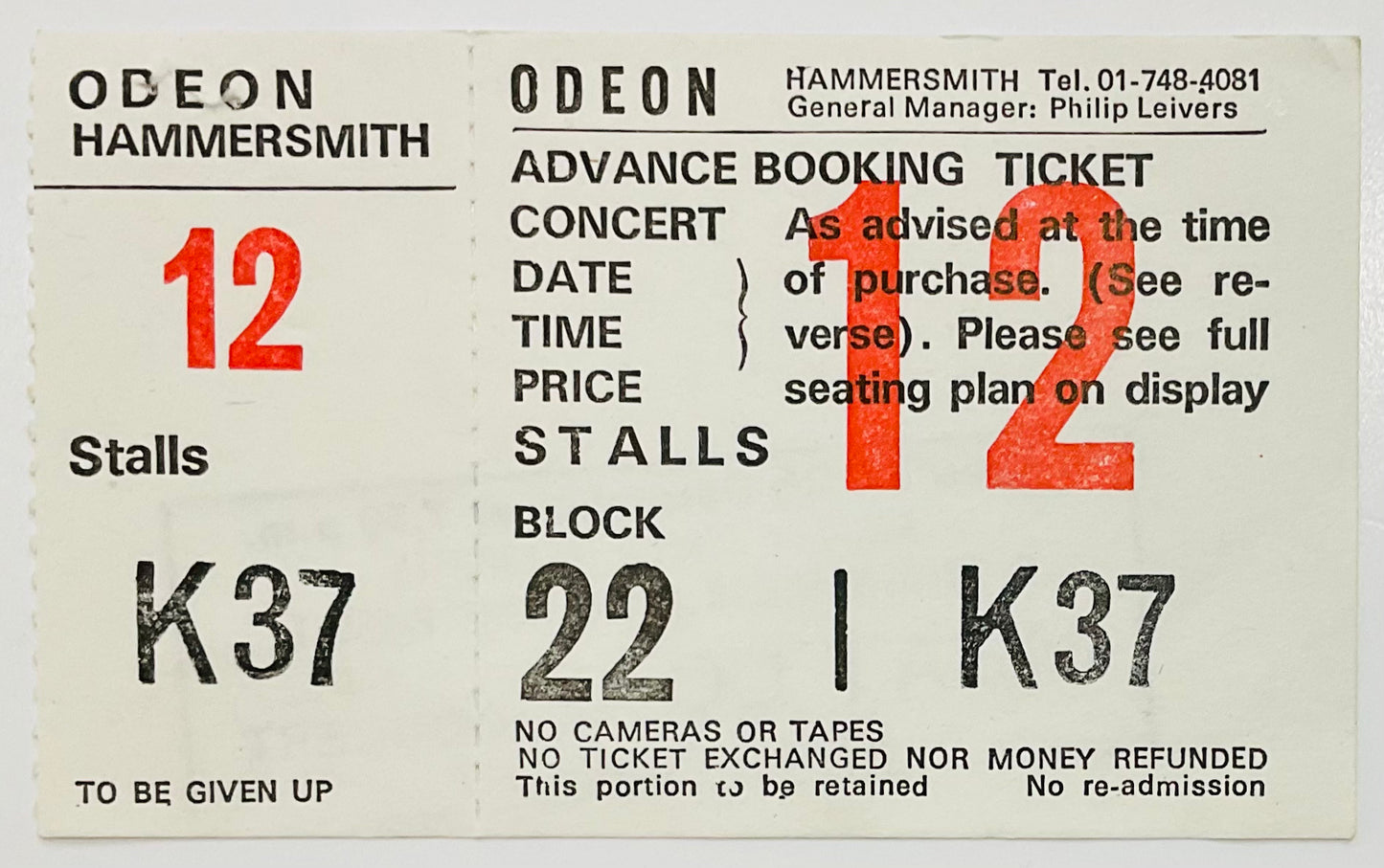 Meat Loaf Original Unused Concert Ticket Hammersmith Odeon London 4th Dec 1984