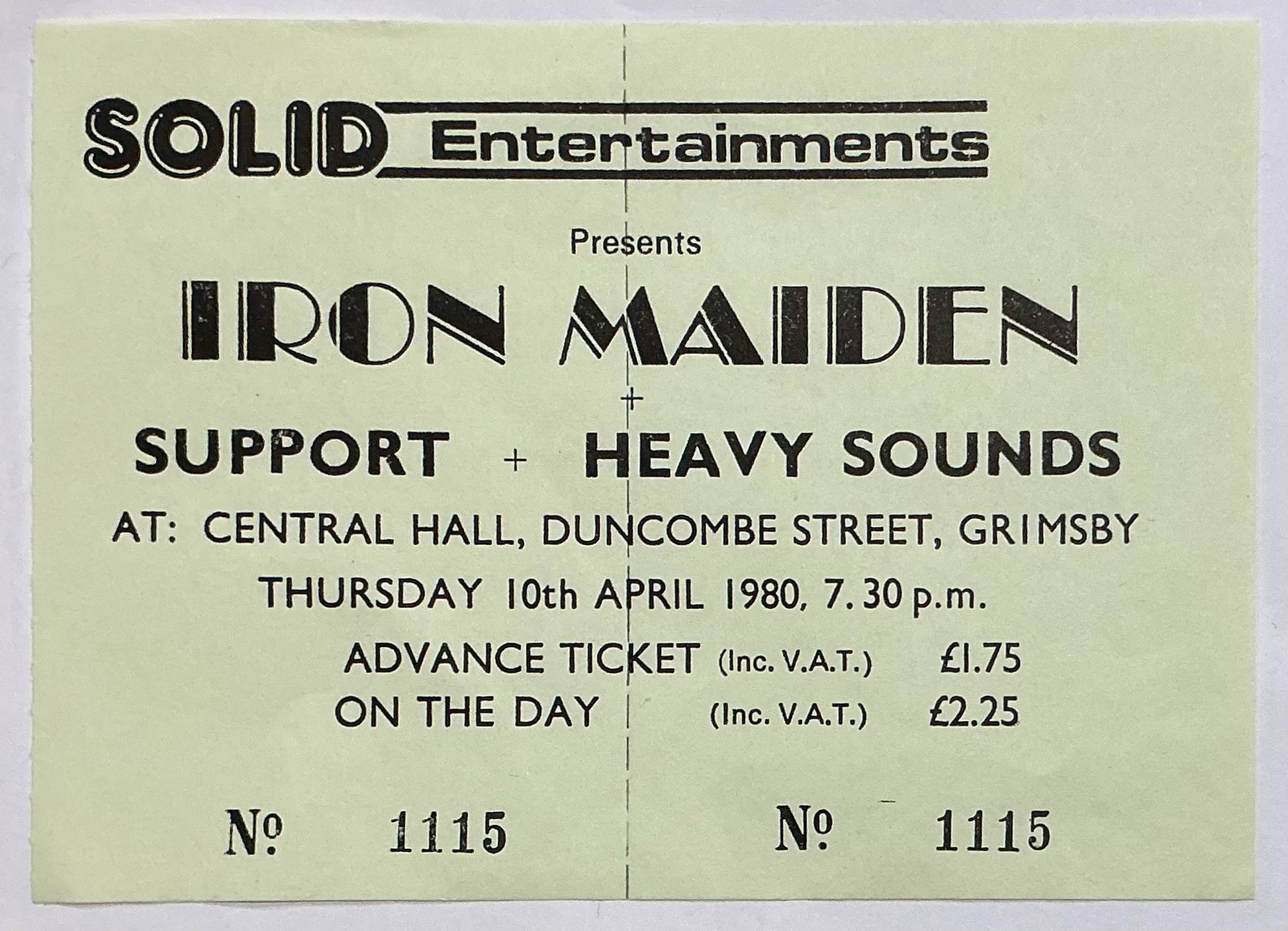 Iron Maiden Original Unused Concert Ticket Central Hall Grimsby 10th Apr 1980