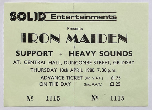 Iron Maiden Original Unused Concert Ticket Central Hall Grimsby 10th Apr 1980
