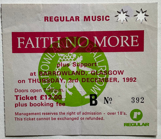 Faith No More Original Used Concert Ticket Glasgow Barrowlands 3rd Dec 1992