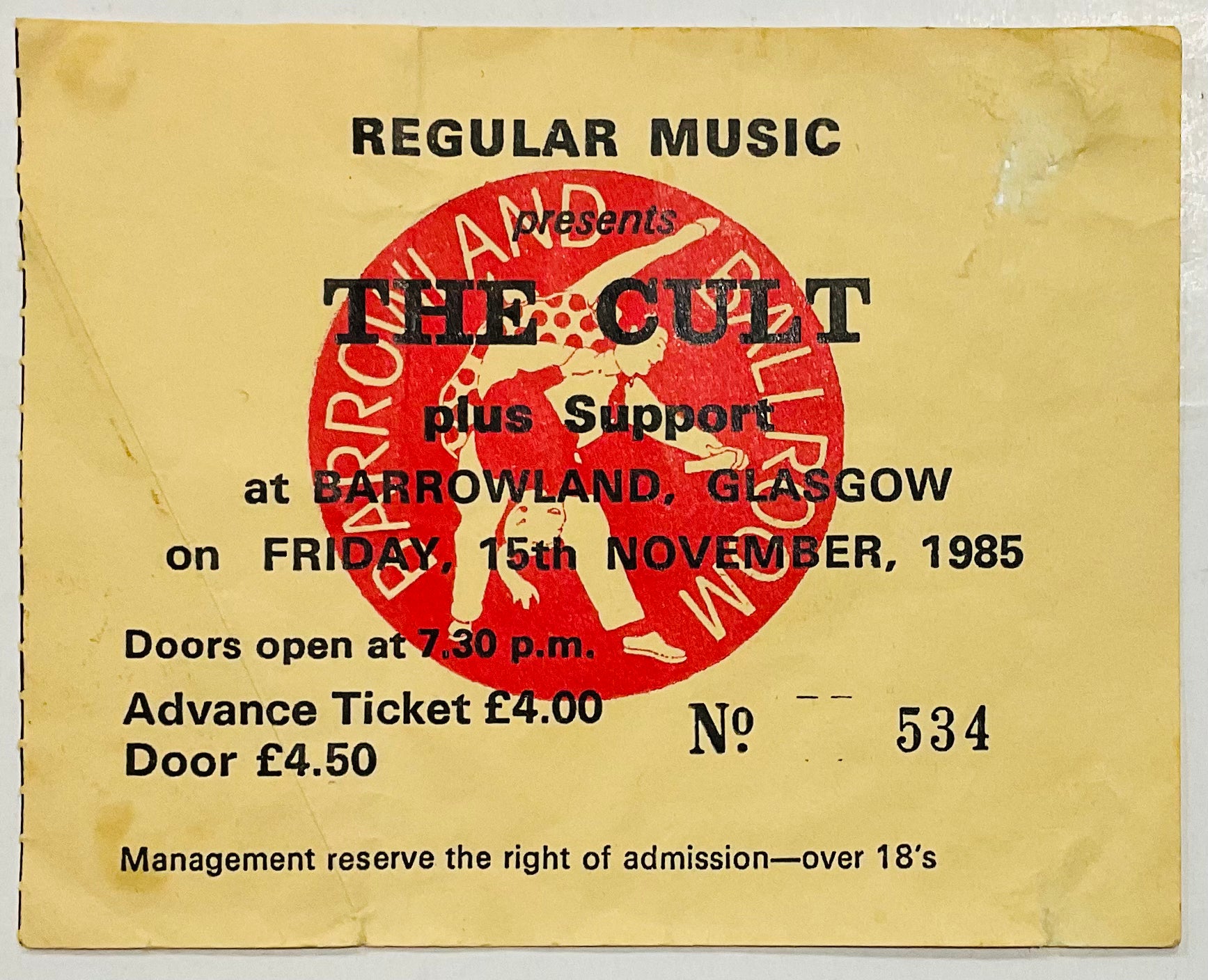 Cult Original Used Concert Ticket Barrowland Ballroom Glasgow 15th Nov 1985