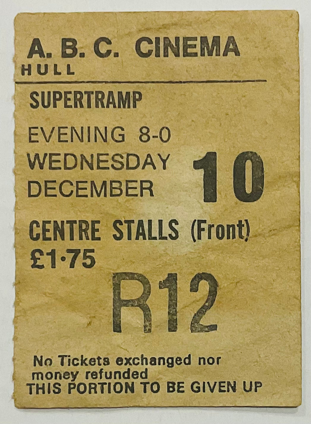 Supertramp Original Used Concert Ticket ABC Cinema Hull 10th Dec 1975