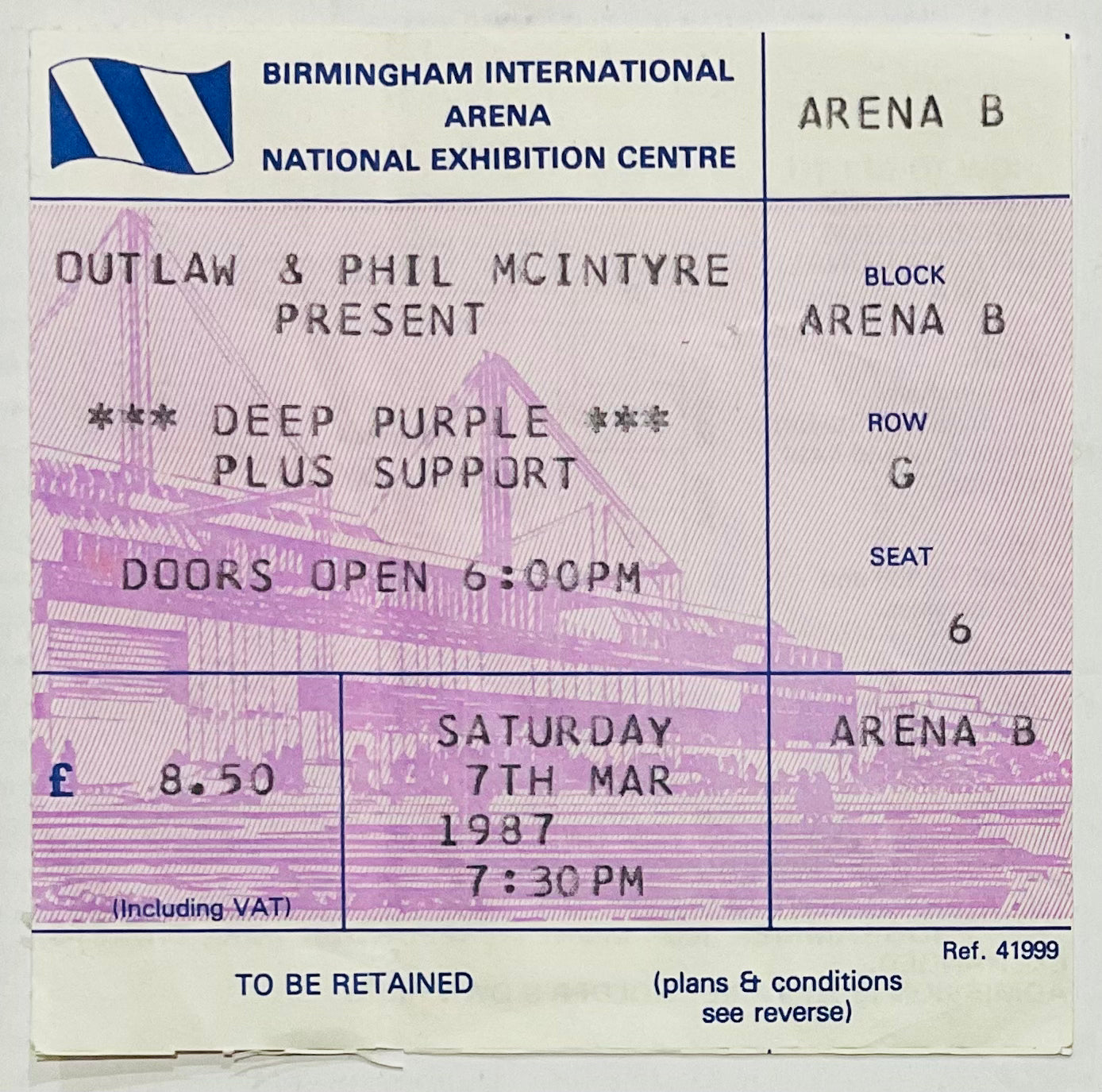 Deep Purple Original Used Concert Ticket NEC Birmingham 7th Mar 1987