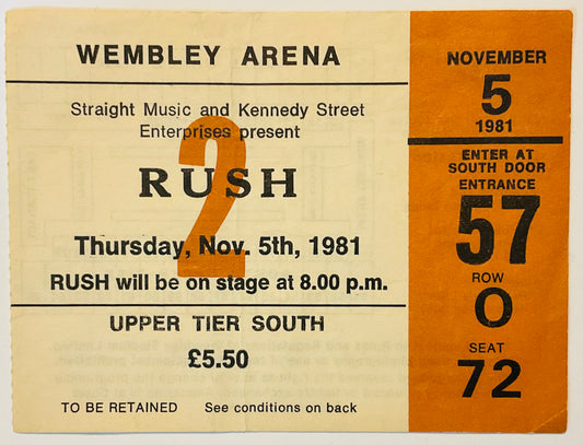 Rush Original Used Concert Ticket Wembley Arena London 5th Nov 1981