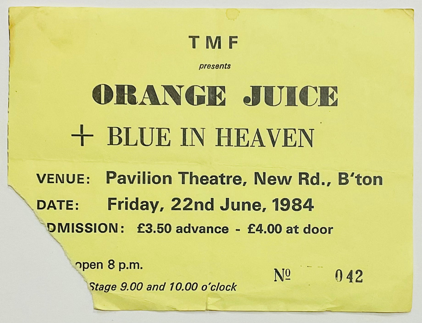 Orange Juice Original Used Concert Ticket Pavilion Theatre Bolton 22nd Jun 1984