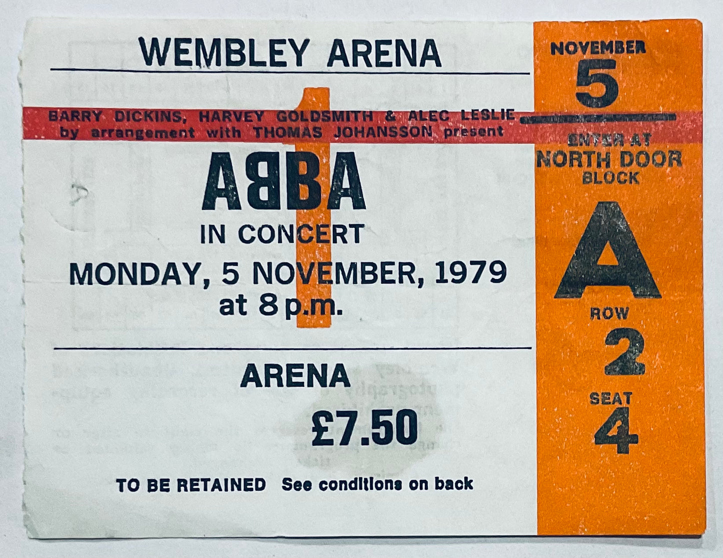 ABBA Original Used Concert Ticket Wembley Arena London 5th Nov 1979