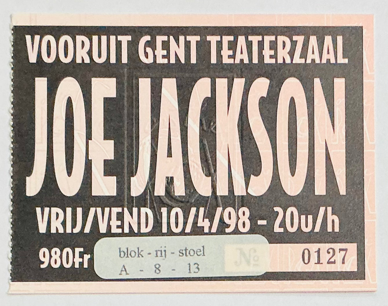 Joe Jackson Original Used Concert Ticket Vooruit Teaterzaal Gent 10th Apr 1998