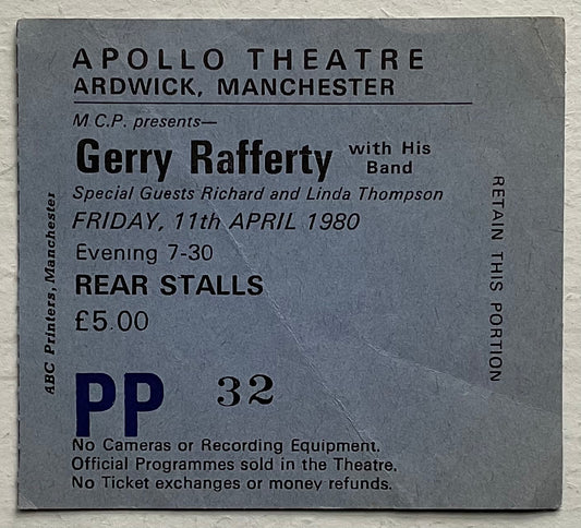 Gerry Rafferty Used Concert Ticket Apollo Theatre Manchester 11th April 1980