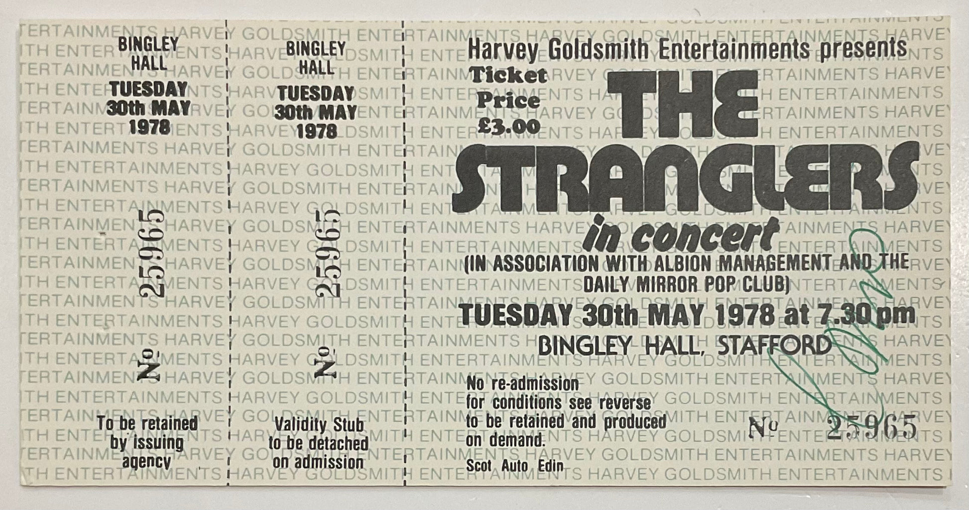 Stranglers Original Unused Concert Ticket Bingley Hall Stafford 30th May 1978