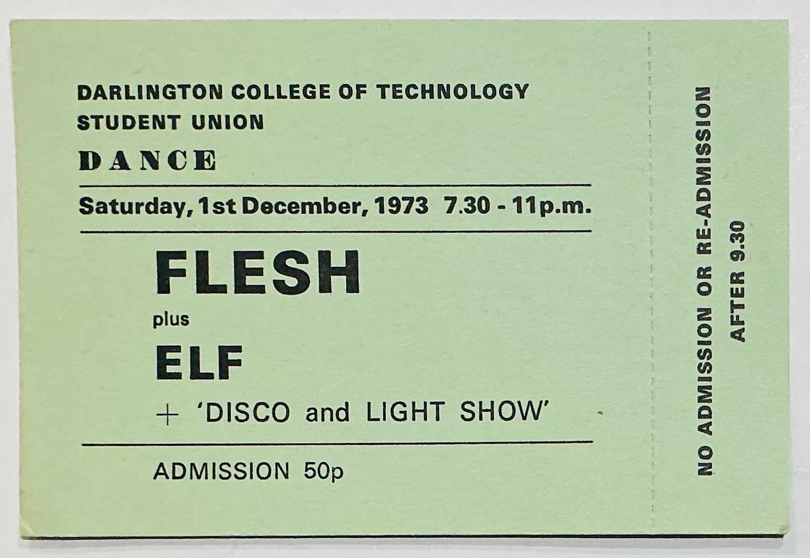 Flesh Elf Ronnie James Dio Original Unused Concert Ticket College of Technology Darlington 1st Dec 1973