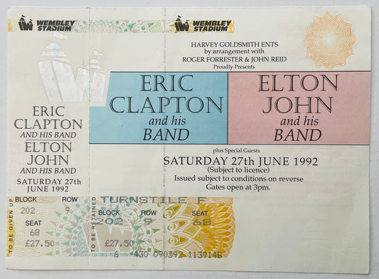 Eric Clapton Elton John Original Unused Concert Ticket Wembley Stadium London 27th June 1992