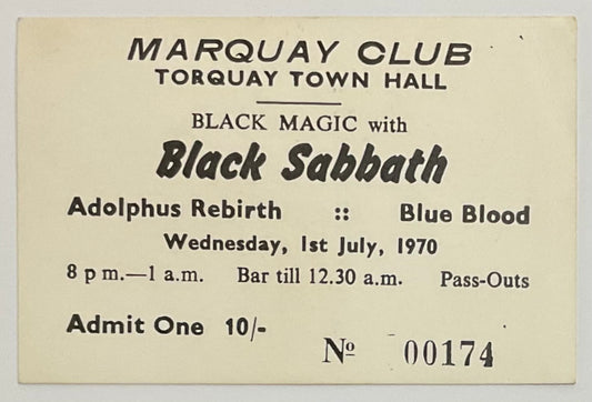 Black Sabbath Original Concert Ticket Marquay Club Torquay 1970