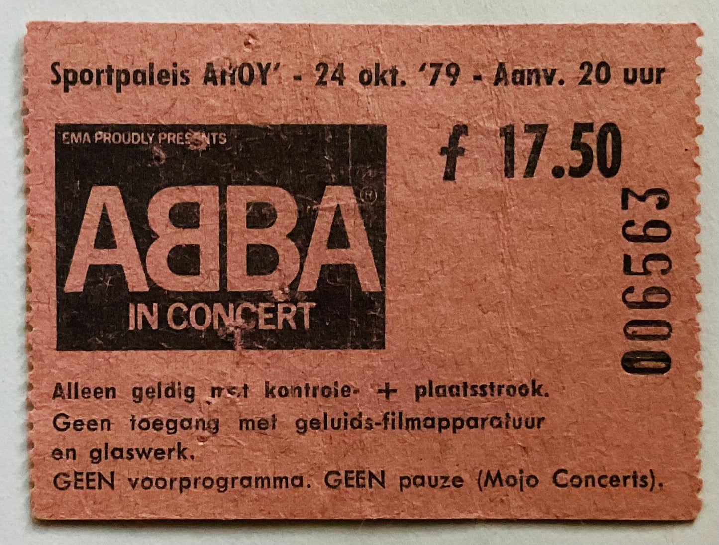 ABBA Original Used Concert Ticket Sportpaleis Ahoy Rotterdam 24th Oct 1979