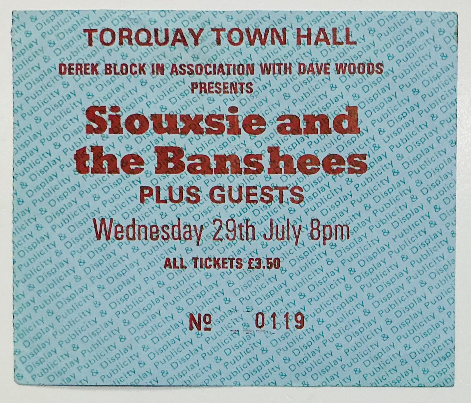 Siouxsie & the Banshees Original Used Concert Ticket Town Hall Torquay 29th July 1981