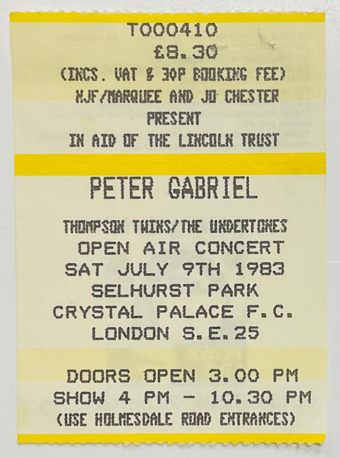 Peter Gabriel Undertones Original Used Concert Ticket Crystal Palace Football Club London 1983