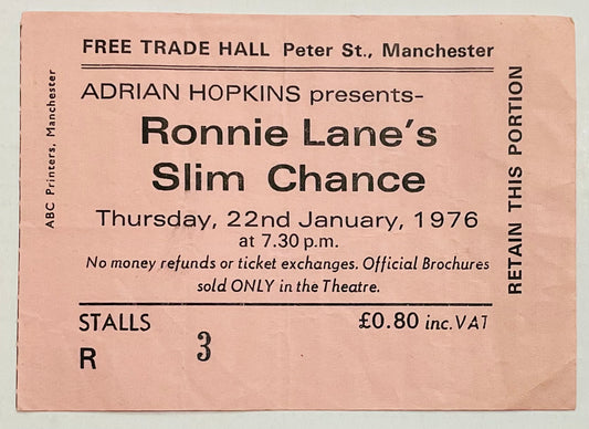 Ronnie Lane’s Slim Chance Original Used Concert Ticket Free Trade Hall Manchester 22nd Jan 1976