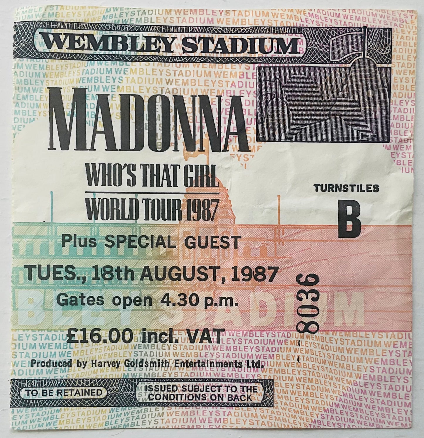 Madonna Original Used Concert Ticket Wembley Stadium London 18th Aug 1987