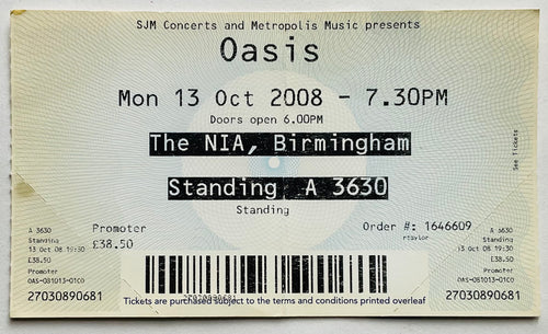 Oasis Original Unused Concert Ticket NIA Birmingham 13 Oct 2008